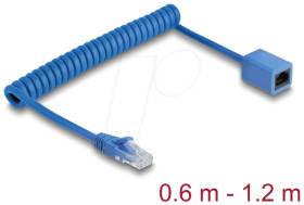90365 RJ45 Coiled Cable plug to jack Cat.6 0.6 m to 1.2 m blue