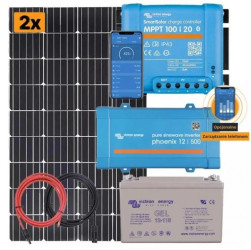 Zestaw: panele słoneczne 2x175W, regulator ładowania MPPT 20A, przetwornica Phoenix 400W i akumulator 110Ah