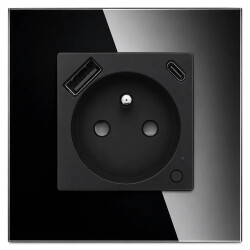 Gniazdo elektryczne z uziemieniem z USB A+C 20W z pomiarem energii (watomierz) WiFi i Bluetooth czarne podtynkowe z ramką szklan