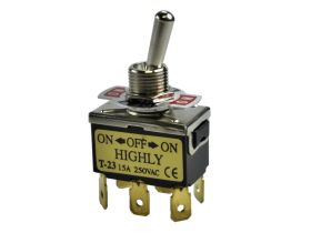 Przełącznik; dźwigniowy; T-23CS; 3*2; ON-OFF-ON; 2 tory; 3 pozycje; bistabilny; na panel; konektory 6,3x0,8mm; 15A; 250V AC; cza