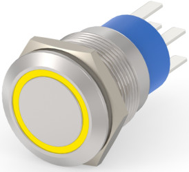 Vandal-proof pushbutton switch, 2 pole, silver, illuminated  (yellow), 5 A/250 VAC, mounting Ø 19.2 mm, IP67, 6-2213767-9