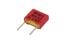 Kondensator; poliestrowy; MKT; 100nF; 63V DC/40V AC; MKS2; MKS2C031001A00JSSD; 5%; 2,5x6,5x7,2mm; 5mm; luzem; -55...+100°C; Wima