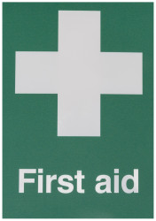 Znak pierwszej pomocy, Poliester winylowy, Green, White, Tekst: "First Aid , Angielski, Apteczka, Znak