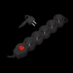 Przedłużacz 5-krotny 2P+Z. z wyłącznikiem. 3m H05VV-F 3x1.0mm2. Imax 10A. płaska wtyczka. czarny OR-AE-13150/B/3M