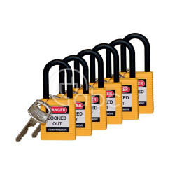 Kłódka bezpieczeństwa LOTO, z nylonową szeklą (38 mm), żółta (6 szt.), 813596