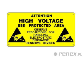 Tabliczka informacyjna usztywniona "HIGH VOLTAGE ESD PROTECTED AREA" 600x300 mm