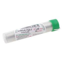 Cyna lutownicza bezołowiowa Sn99Cu0,7Ag0,3 z topnikiem EVO, średnica 1 mm, fiolka 14 g, Cynel