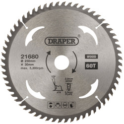 Draper 21680 TCT Circular Saw Blade for Wood, 250 x 30mm, 60T