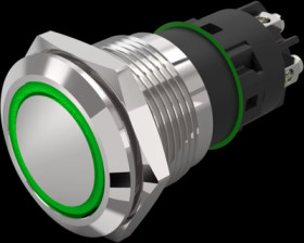 Vandal-proof pushbutton, silver, illuminated  (green), mounting Ø 19 mm, IP65/IP67, 82-5552.1134