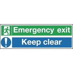 Znak wyjścia, Poliester winylowy, Niebieski/zielony/biały, Emergency Exit, Keep Clear, Angielski, Opis: Nie zastawiać