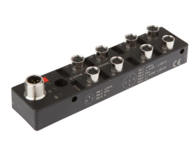 Moduł logiczny 27x130x31mm AND/OR 8-krotny 10-30V DC -30-85 stC złącze M8 żeńskie 3-pinowe złącze M12 męskie 4-pinowe IP67 VL310