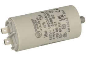 Kondensator; polipropylenowy; silnikowy (rozruchowy); 416109927; 16uF; 425V AC; fi 36x70mm; konektory 6,3mm; śruba bez nakrętki;