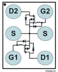 20-V, P channel NexFET™ power MOSFET, dual Common Source WLP 1 mm x 1.5 mm, 108 mOhm, gate ESD prot