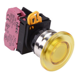 YW4L-A4E01Q3Y Yellow 12V illuminated 22mm Metal Bezel Mushroom Maintained Push Button Switch NC IP65 IDEC