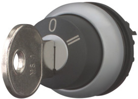 Key selector switch, key selector switch, unlit, groping, waistband round, black, front ring silver gray, 40°, trigger position 