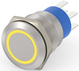 Vandal-proof pushbutton, 2 pole, silver, illuminated  (yellow), 5 A/250 VAC, mounting Ø 19.2 mm, IP67, 5-2213764-1
