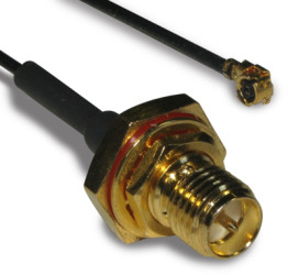 Coaxial cable, SMA jack (straight) to AMC plug (angled), 50 Ω, 1.13 mm micro cable, grommet black, 300 mm, 336306-12-0300