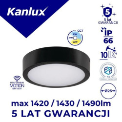 Plafon LED z czujnikiem DABER 8-13W CCT SE B Ø25 max 1490lm barwa neutralna/ciepła IP66 IK10 IIkl. czarny PZH 5 lat Gwar. 39023