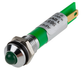 Lampka kontrolna do montażu panelowego 12V dc, zielona 8mm LED Chrom Faston, oczko lutownicze RS PRO