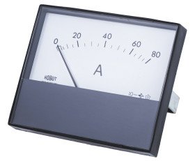 Amperomierz analogowy panelowy DC zakres 0/80A wysokość wycięcia: 63.5mm wartość 80A ±8% +40°C HOBUT