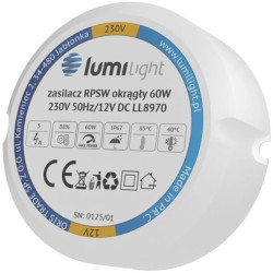Zasilacz do puszki instalacyjnej, IP67, średnica 55mm, głębokość 22mm, 12V 5A 60W uniwersalny Lumilight