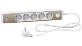 Odace Przedłużacz 5 Gniazdowy Z Łącznikiem 2X Usb, 1,5M Biały+Szczotkowany...