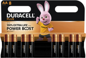 Alkali manganese-battery, 1.5 V, LR6, AA, round cell, surface contact, DURACELL PLUS POWER BOOST AA8