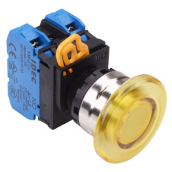 YW4L-A4E20Q3Y Yellow 12V illuminated 22mm Metal Bezel Mushroom Maintained Push Button Switch 2NO IP65 IDEC