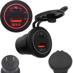 Ładowarka USB 12-24V + USB-C PD z wyłącz. TYPE-C QC 3.0 LED RED