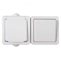 TEKNO Łącznik jednobiegunowy + gniazdo z ochroną styków poziomy śrubowy 10AX/16A 250V biały IP54 27357