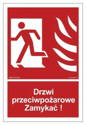 ZNAK - BB011 Drzwi przeciwpożarowe Zamykać! Kierunek drogi ewakuacyjnej w lewo 10 x 14,8 cm KN - Folia podłogowa