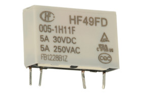 Przekaźnik; elektromagnetyczny miniaturowy; HF49FD-005-1H11F (JZC49F); 5V; DC; 1 styk zwierny; 5A; 240V AC; 5A; 30V DC; do druku