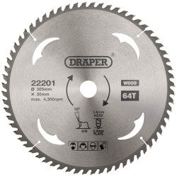 Draper 22201 TCT Circular Saw Blade for Wood, 305 x 30mm, 64T