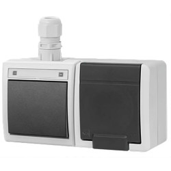 Zestaw poziomy gniazdo zasilające pojedyncze natynkowe hermetyczne IP65 szare z klapką 2P+Z + łącznik schodowy IP65 Aquant 2K