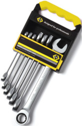 Open-ended ring wrench kit, 7 pieces with holder, 8-19 mm, 990 g, chromium-vanadium steel, T4344M7ST