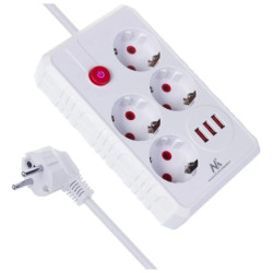 Listwa zasilająca Maclean, przedłużacz 4 gniazda + 3xUSB, 110-240V AC 50/60Hz, 2.1A max 2500W, 1,5m, biała,MCE392 W