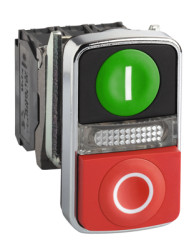 Double pushbutton, illuminable, groping, 1 Form A (N/O) + 1 Form B (N/C), waistband rectangular, front ring silver, mounting Ø 2