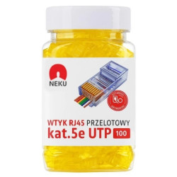 Wtyk modularny RJ45 8P8C kat.5e nieekranowany UTP uniwersalny drut linka przelotowy żółty NEKU opakowanie SŁOIK 100szt.