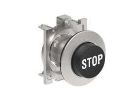Metalowy przycisk płaski fi30mm wystający samoczynny powrót z symbolem STOP Czarny LPFB2132