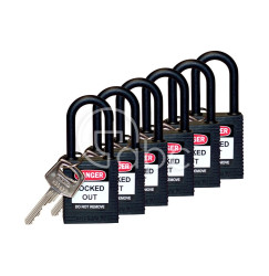 Kłódka bezpieczeństwa LOTO, z nylonową szeklą (38 mm), czarna (6 szt.), 813595