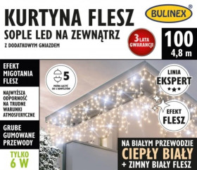 Kurtyna świetlna zewnętrzna flesz 100l kurtyna sople z dod.gn. 5m dekoracji+1,5 m przewodu zas. ciepły biały/biały flash 25-339