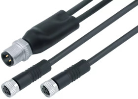 Sensor actuator cable, M8-cable plug, straight to 2 x M8 cable socket, straight, 4 pole/2 x 3 pole, 1 m, PUR, black, 4 A, 77 982