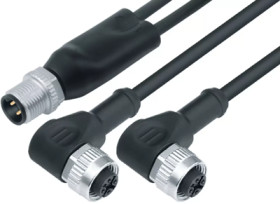 Sensor actuator cable, M12-cable plug, straight to 2 x M12-cable socket, angled, 4 pole/2 x 3 pole, 1 m, PUR, black, 4 A, 77 982