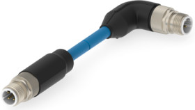 Network cable, M12-plug, straight to M12-plug, angled, Cat 5e, S/FTP, 8.5 m, blue, 1-2322422-6