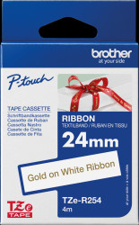 TZE-R254 Ribbon tape, gold on white, 24 mm