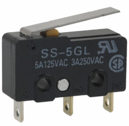 Subminiature snap-action switch, On-On, solder connection, hinge lever, 0.49 N, 5 A/125 VAC, 3 A/250 VAC, IP40, SS-5GL