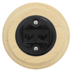 Gniazdo Ethernet Cat6 x2 okrągłe czarne z ramką jasne drewno, montaż podtynkowy, Ceramic Loft