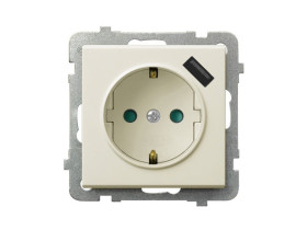 SONATA Gniazdo pojedyncze z uziemieniem schuko z przesłonami torów prądowych z ładowarką USB ecru GP-1RSPUSB/m/27 OSPEL
