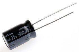 Kondensator 1000μF 25V dc Radialny, Otwór przelotowy Nichicon roztaw: 5mm 10 (Dia.) x 16mm