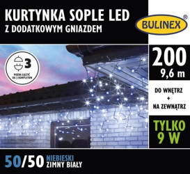 200 LED KURTYNKA SOPLE z dod. gniazdem i zasil. MIX biały zimny/niebieski,przewód czarny 9,6m szer + 5m wewn/zewn 9W IP44 13-570